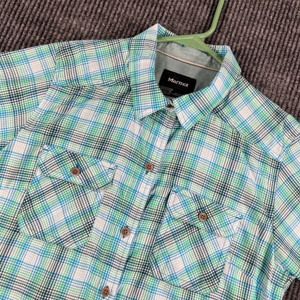 Marmot Shirt Womens Medium Green Blue Plaid Short Sleeve Button Up Outdoor